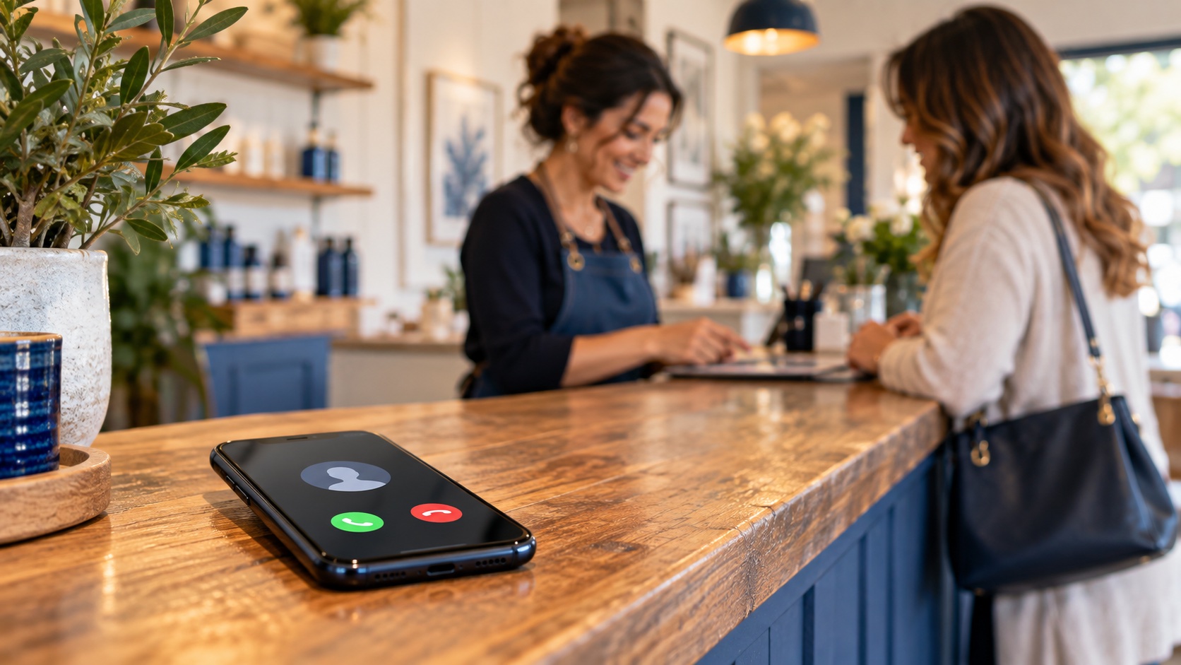Un teléfono sin contestar sobre el mostrador mientras la dueña atiende a una clienta